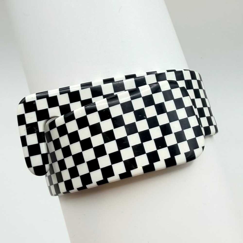 Mod Op Art Wrap Bangle Bracelet Black White Checkerboard Pattern